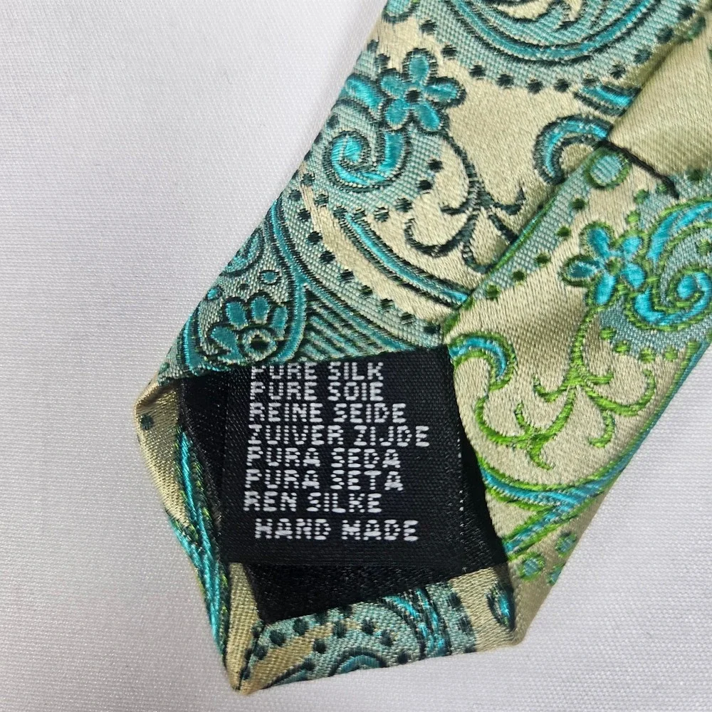 Paul Malone Palm Beach‎ Silk Paisley Necktie Mens Gold Green Blue Formal